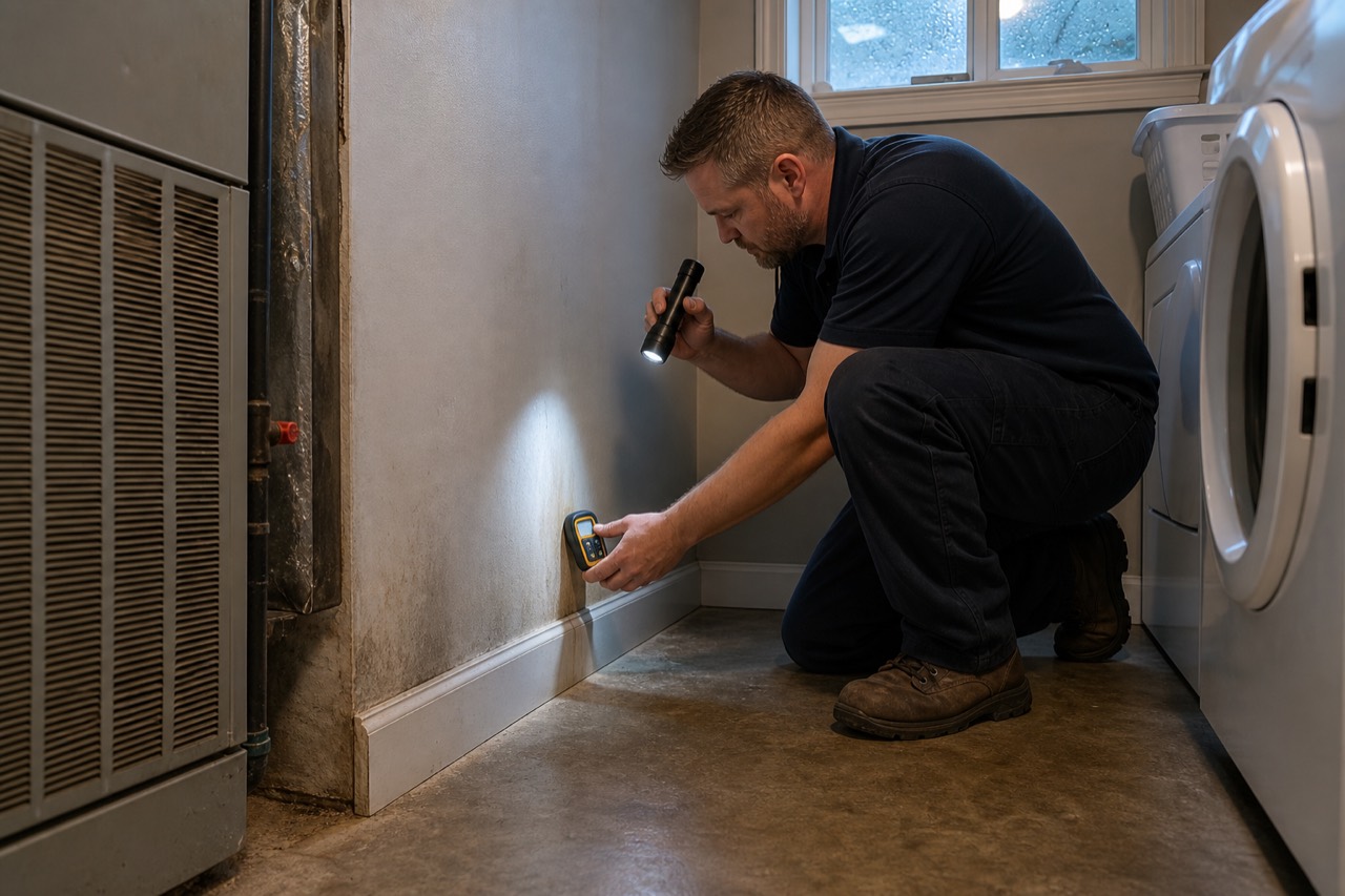 Technician checking lower-wall moisture in a Memphis utility room